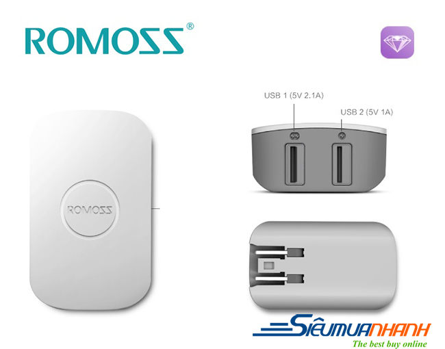 Cóc sạc Ipad/Iphone 2 cổng USB 2.1A chính hãng Romoss